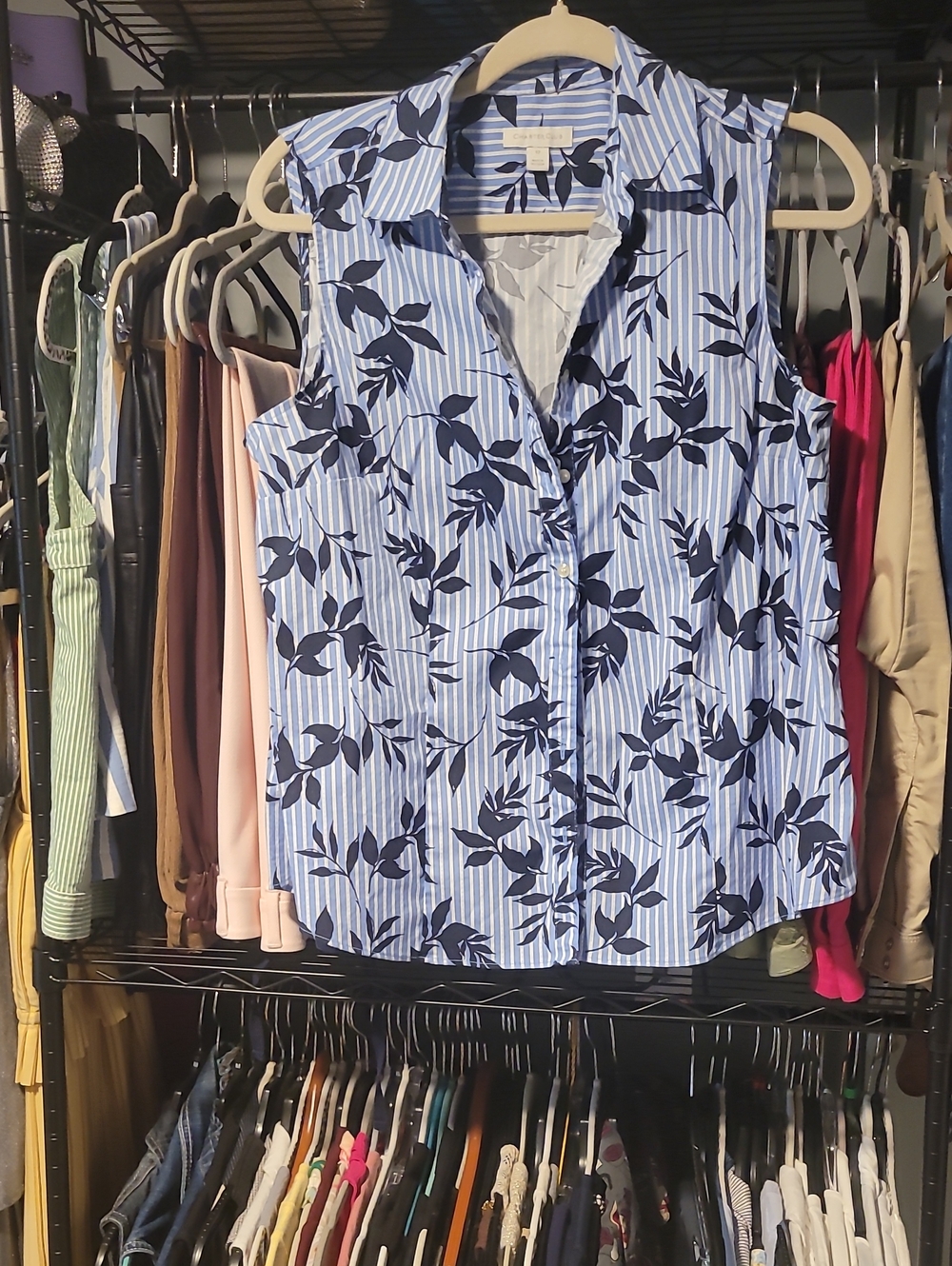 Charter Club Blue and Navy Sleeveless Button-Down Top
